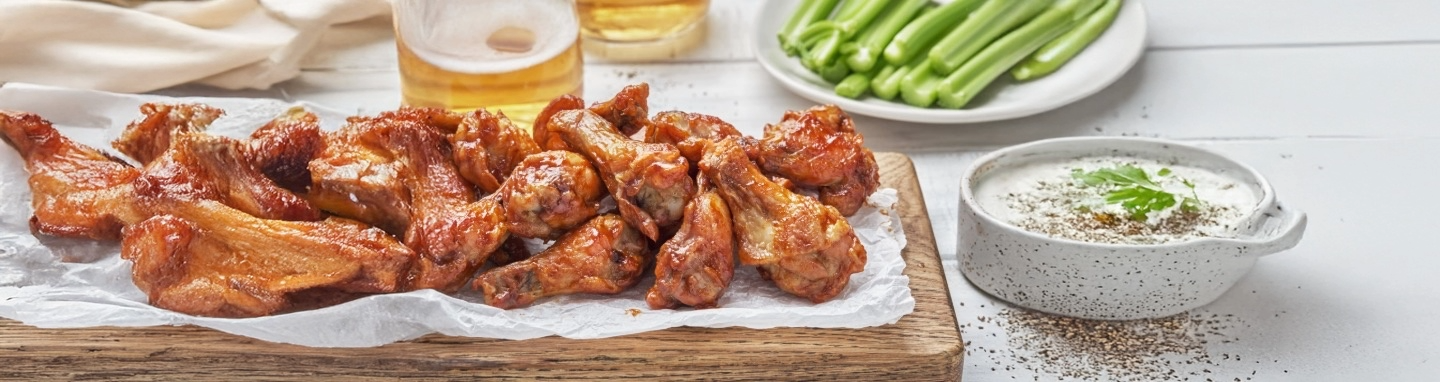 Tray of buffalo chicken wings with a mug of beer and plate of celery in the background.
